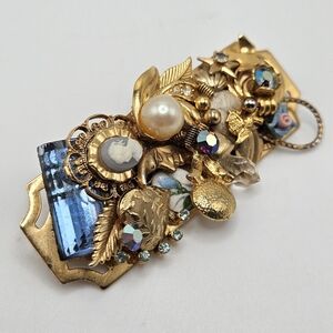 VINTAGE Upcycled Artisan Handcrafted Mixed Media Gold Tone Brooch Pin Cameo